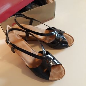Black Patent Leather Wedge Sandals